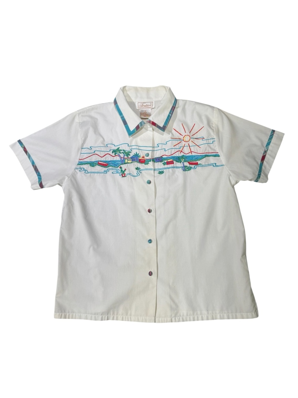Vintage White Embroidered Coastal Scene Short-Sleeve Button-Down Shirt Size 10